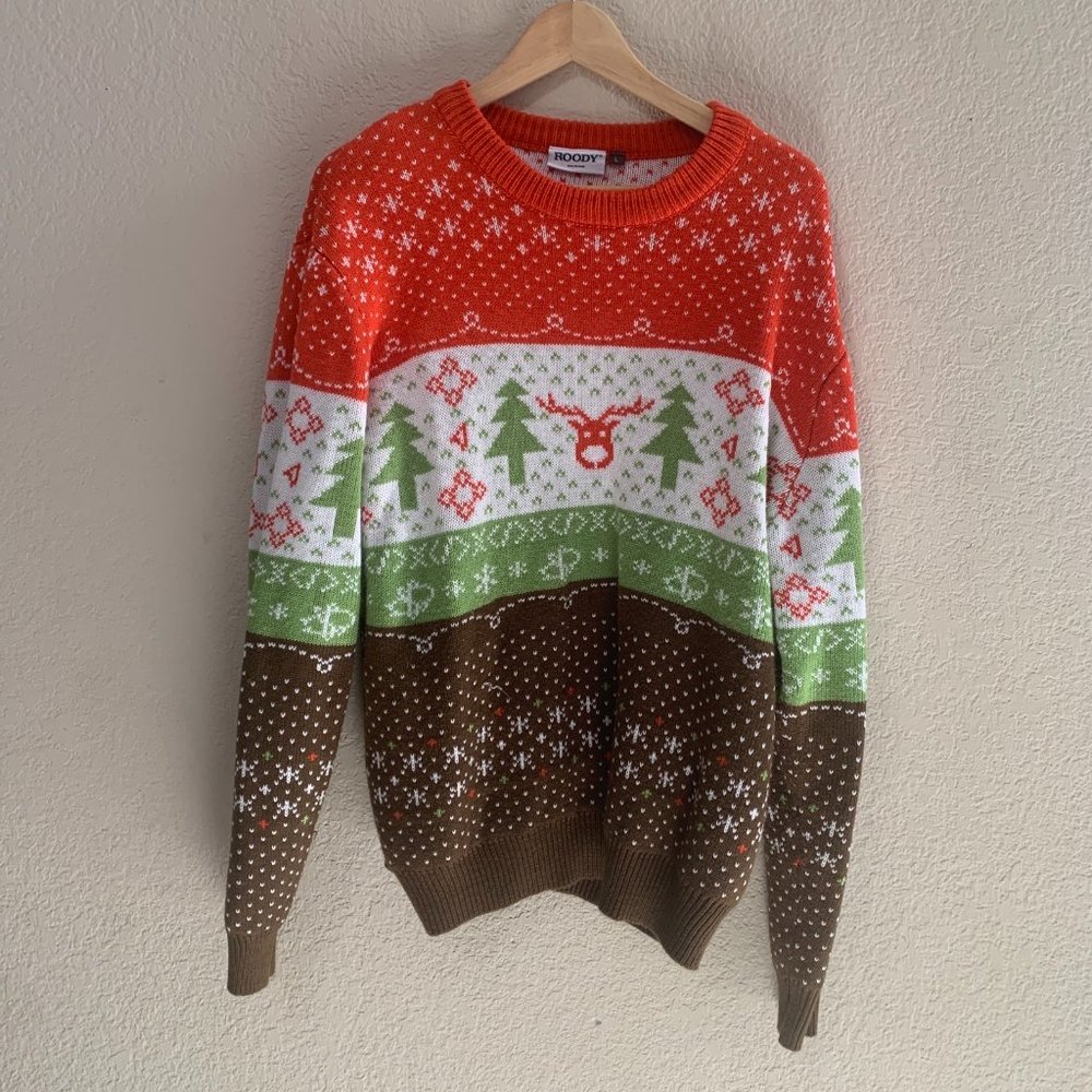 Roody Men's Christmas Sweater L Red brown deer Trees Stockings